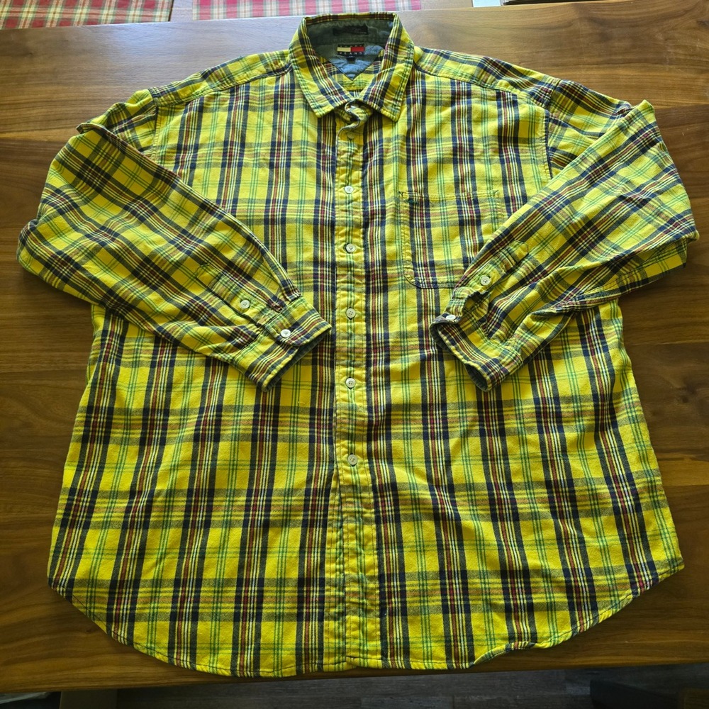 Tommy Jeans Button Down Shirt Mens XXL Yellow Plaid Long Sleeve Cotton Logo